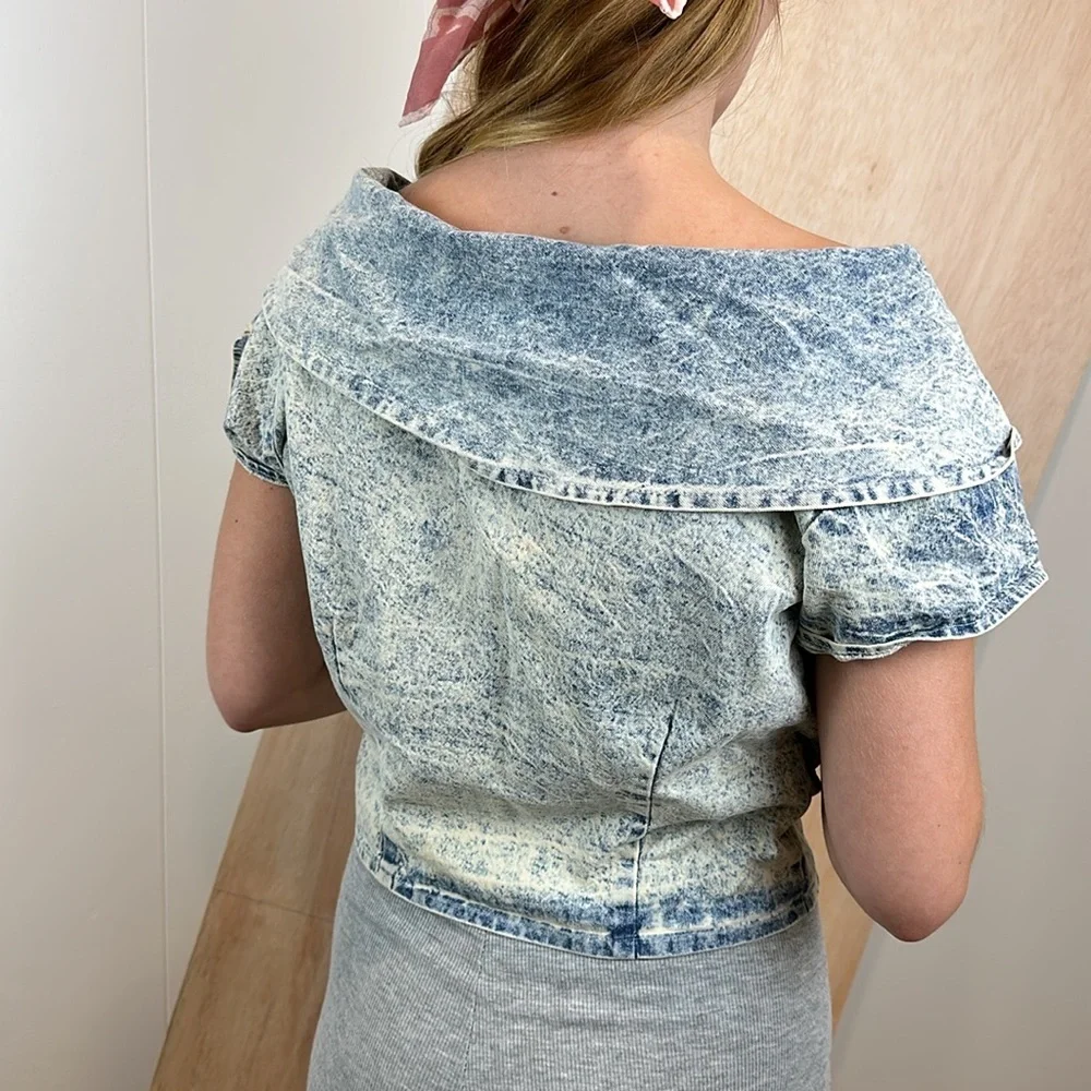 Vintage 80s Acid Wash Denim Off Shoulder Crop Top M - Picture 4 of 8